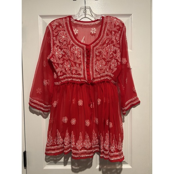 The Unbranded Brand Tops - Y2K Fairycore Embroidered Red/Pink Top Beachy boho coverup Sheer One Size 34x31"